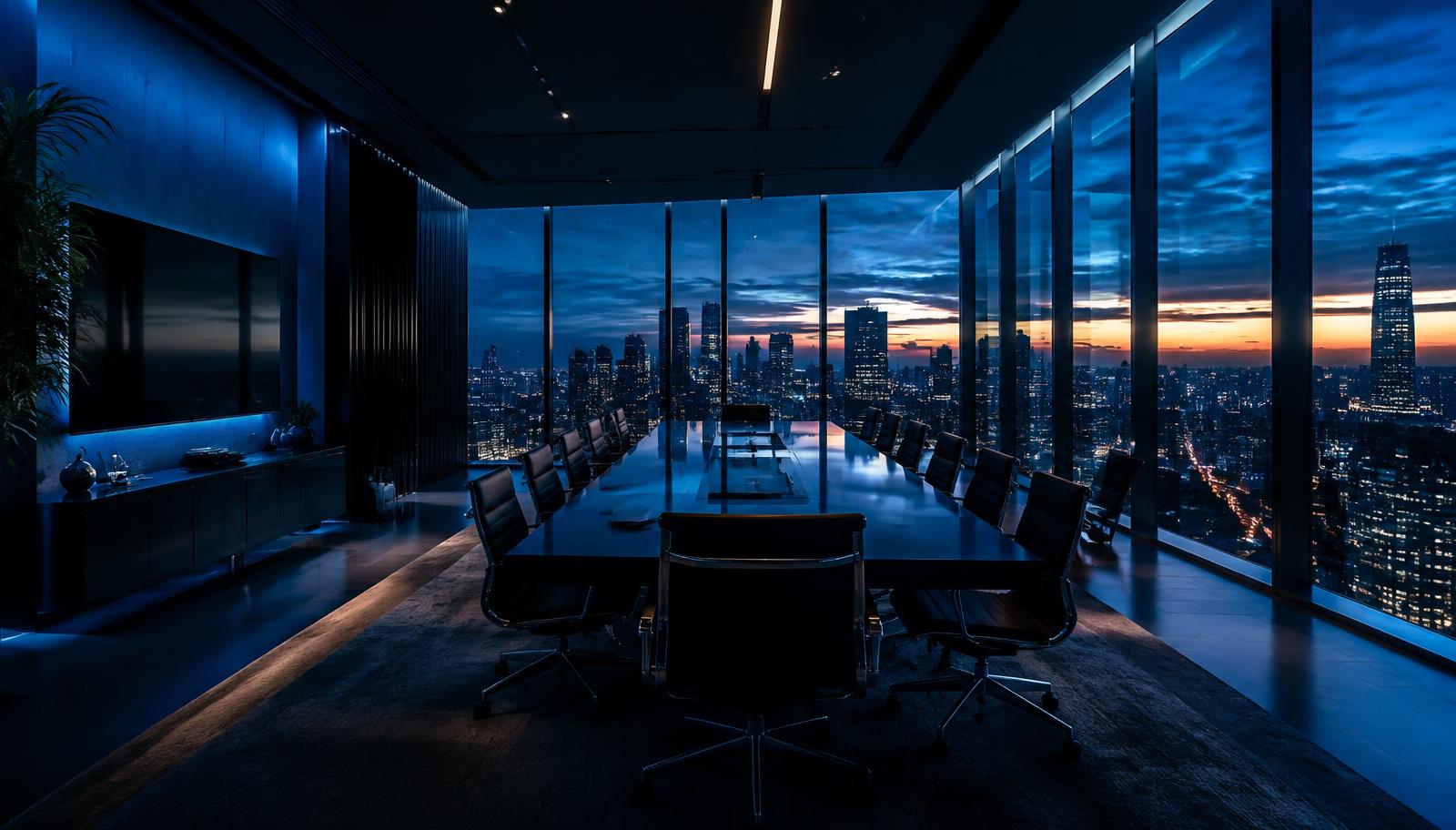 Executive boardroom overlooking a city skyline